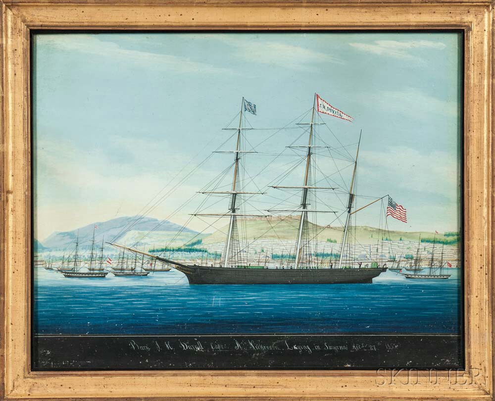 Raffaele Corsini (Italy, active 1830-1880) Portrait of the Bark J.H. Duvall, Capt A. Nickerson, Laying in Smyrna, December 27th 1855 (Lot 133, Estimate: $1,500-2,500)