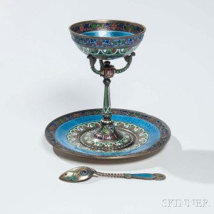 Russian .916 Silver and Enamel Sherbet with Underplate and Spoon, Moscow, 1899-1907 (Lot 63, Estimate: $3,000-5,000)