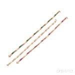 Three 14kt Gold, Diamond, Ruby, and Emerald Bracelets (Lot 1129, Estimate $1,000-1,500)