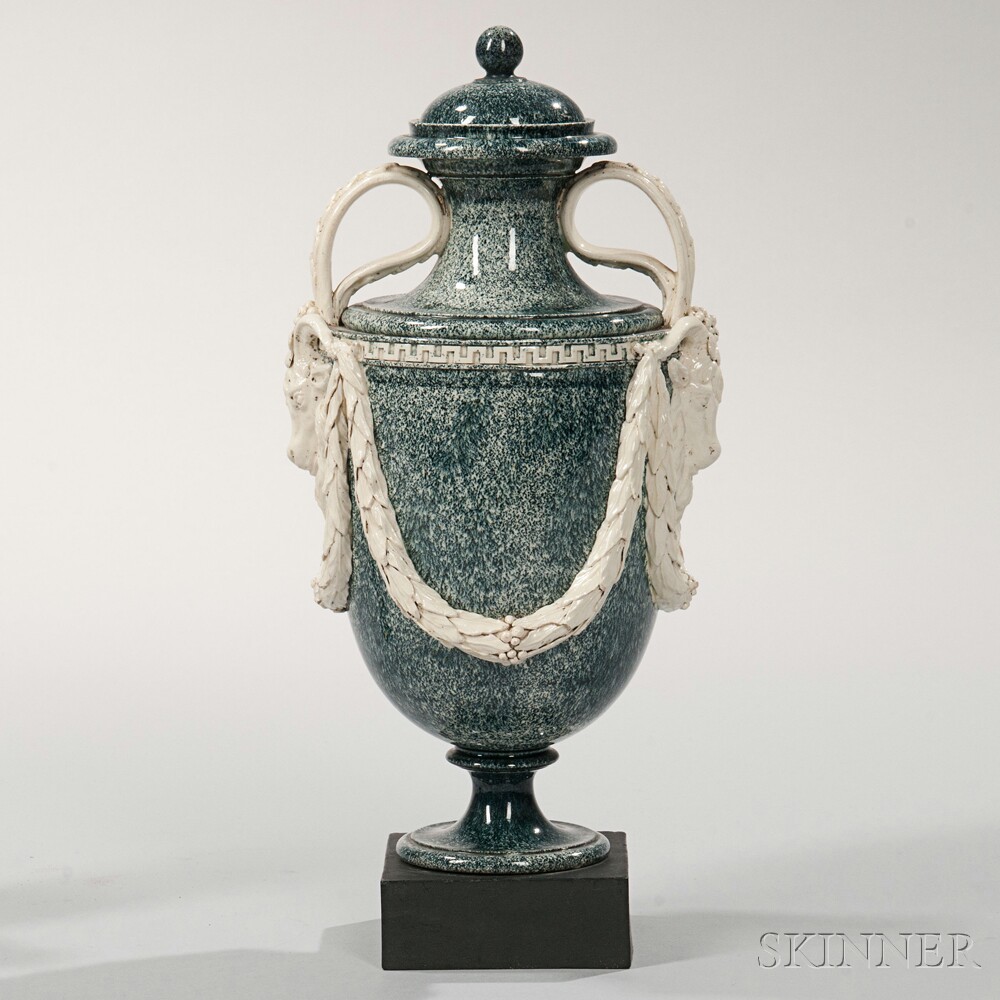 Wedgwood & Bentley Glazed White Terra-cotta Porphyry Decorated Vase and Cover, England, c. 1775 (Lot 71, Estimate $2,000-3,000)