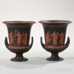 Pair of Wedgwood Encaustic Decorated Black Basalt Calyx Krater Urns, England, early 19th century (Lot 102, Estimate $3,000-5,000)