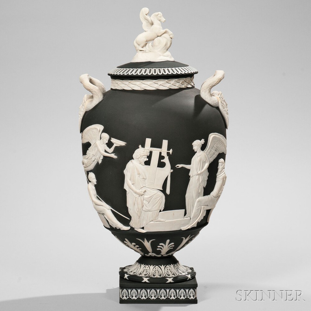 Wedgwood Solid Black Jasper Bellows Apotheosis of Homer Vase and Cover, England, 1911 (Lot 170, Estimate 2,000-3,000)