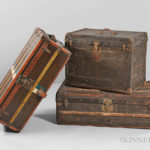 Louis Vuitton Steamer Trunk (Lot 485, Estimate $2,000-3,000) with two Goyard Steamer Trunks (Lot 486, Estimate $1,500-2,500) and (Lot 487, Estimate $1,500-2,500)