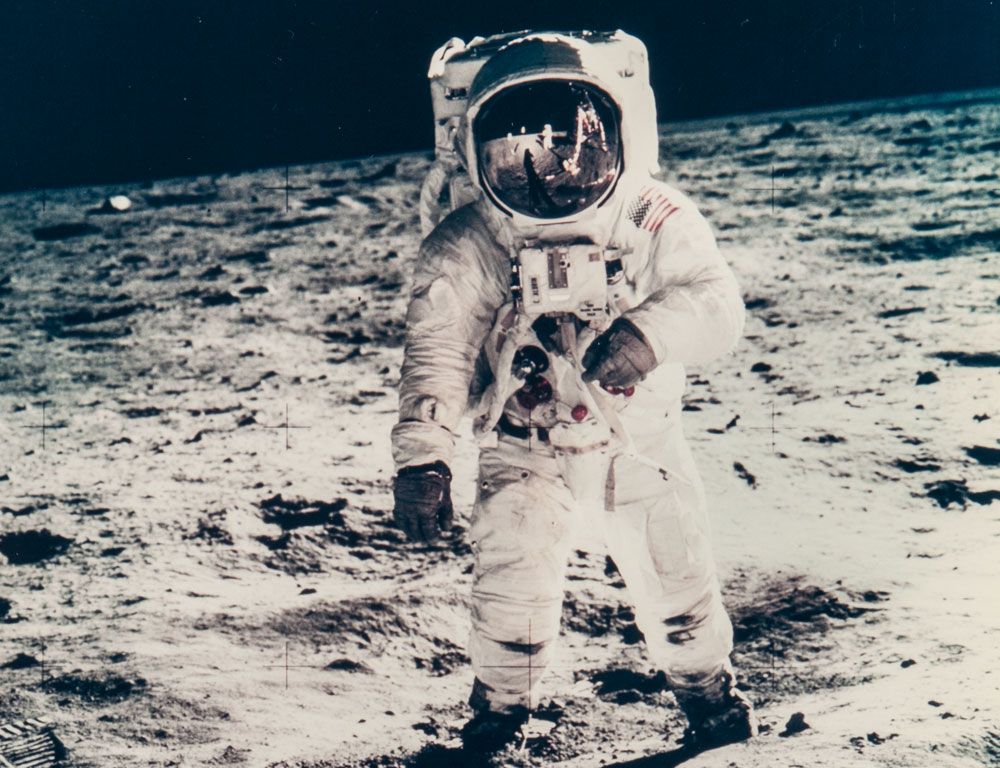 Portrait of Buzz Aldrin with the photographer and the Lunar Module reflected in his gold-plated visor, Apollo 11, July 1969 (Estimate $1,200-1,800) Portrait of Buzz Aldrin with the photographer and the Lunar Module reflected in his gold-plated visor, Apollo 11, July 1969 (Estimate $1,200-1,800)