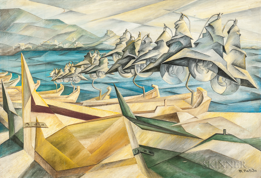 Continental School, 20th Century Surrealist Harbor Scene (Lot 1814, Estimate $100-200)