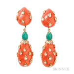 18kt Gold, Coral, Diamond, Emerald Day/Night Earclips, David Webb, Estimate: $15,000-20,000