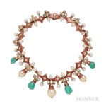 Gold, Emerald, Diamond, Cultured Pearl, and Enamel Necklace, Lotus Arts de Vivre, Estimate: $6000-8000