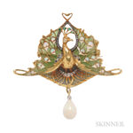 Art Nouveau 18kt Gold, Opal, Diamond, and Enamel Pendant/Brooch, Lucien Gautrait, Estimate: $10,000-15,000