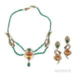 14kt Gold, Citrine, Emerald, and Seed Pearl Necklace and Earrings, Estimate: $800-1200
