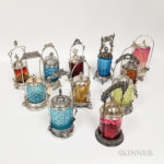 Eleven Silver-plated and Glass Pickle Castors and Ten Tongs (Lot 2435, $150-300)