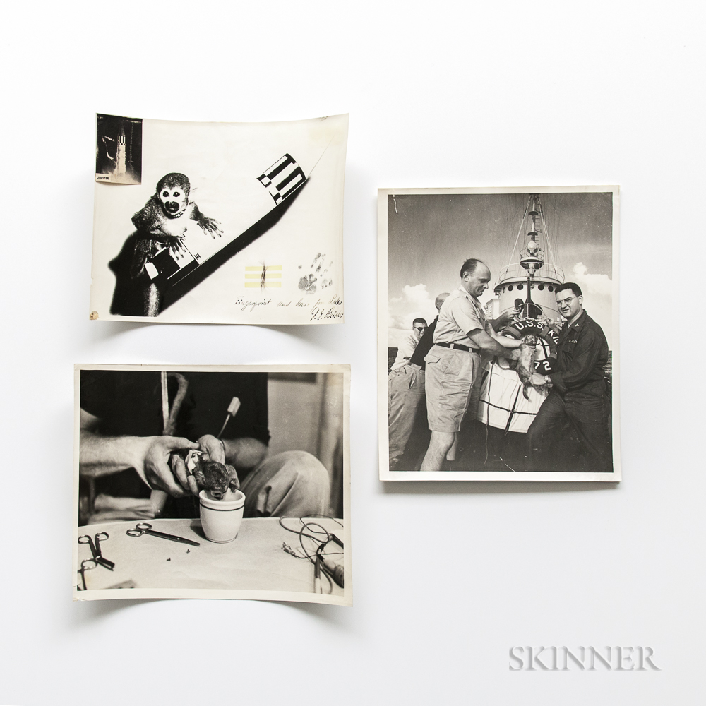 Miss Baker, Squirrel Monkey Launched into Space, Photograph with Original Paw Print, Sample of Fur, and Additional Material (Lot 2012, Estimate $2,000-2,500)