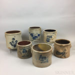 Six Cobalt-decorated Stoneware Crocks (Lot 36, Estimate $600-800)