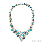 18kt Gold, Turquoise, Lapis, and Diamond Necklace, Marianne Ostier (Lot 149, Estimate: $8,000-12,000)