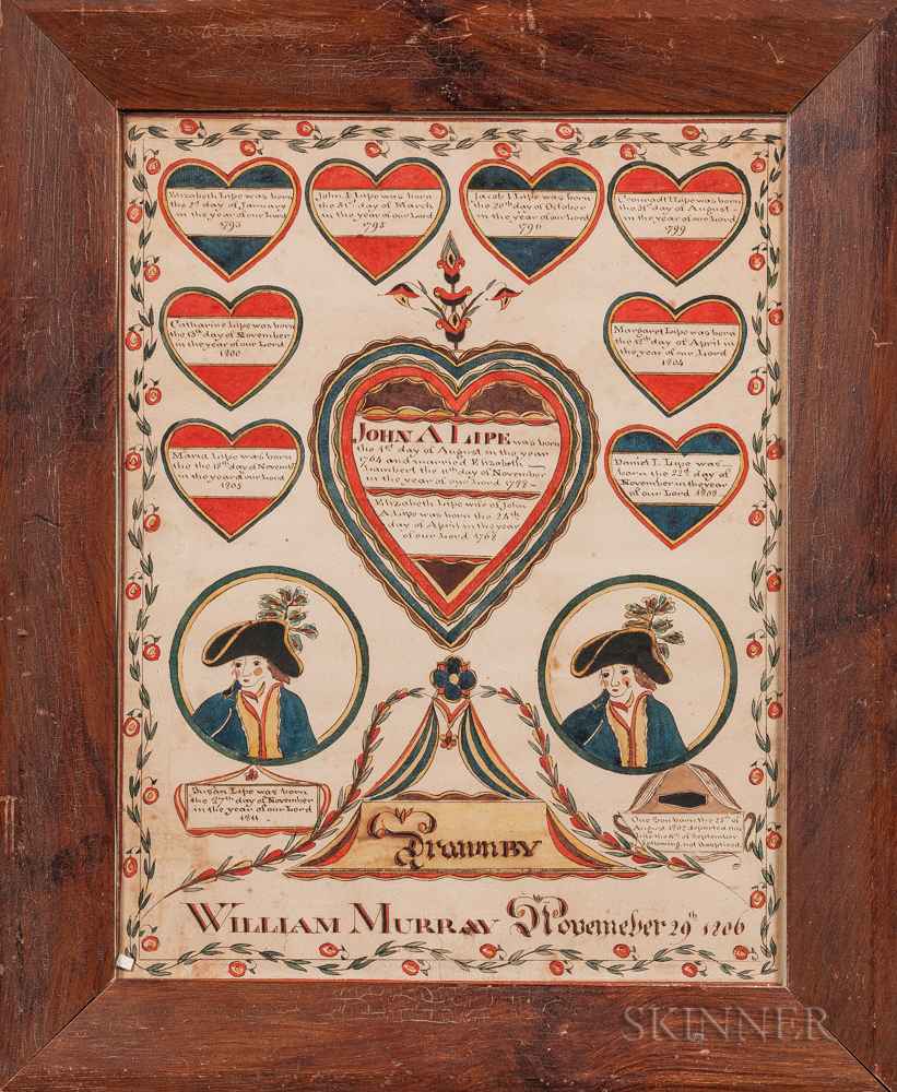 Watercolor Lipe-Lambert Family Record, William Murray, Vermont, 1806 (Lot 278, Estimate: $6,000-$8,000)