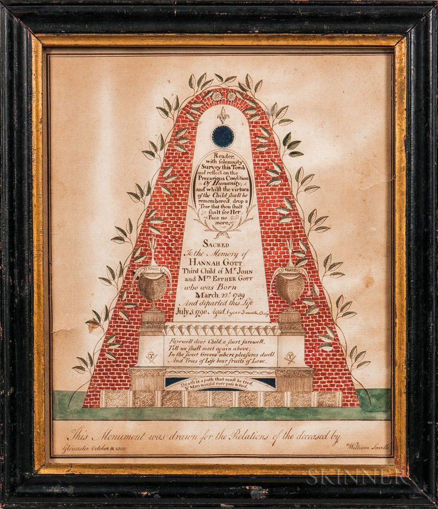 Watercolor Memorial for Hannah Gott, William Saville, Gloucester, Massachusetts, 1800 (Lot 338,Estimate: $3,000-$5,000)