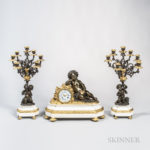 Three-piece Gilt and Patinated Bronze-mounted White Marble Clock Garniture (Lot 475, Estimate: $3,000-5,000)