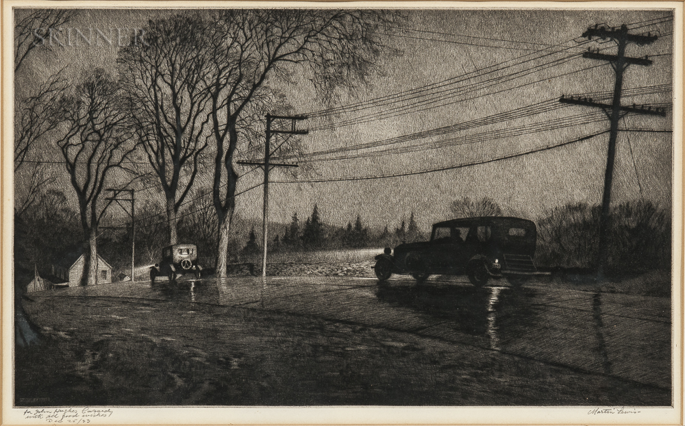 Martin Lewis (American, 1881-1962) Wet Night, Route 6, 1933 (Lot 33, Estimate: $6,000-8,000)