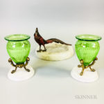 Pair of Bronze-mounted Green Cut Glass Urns and a Cold-painted Bronze Rooster and Marble Ashtray (Lot 1128, Estimate: $250-350)