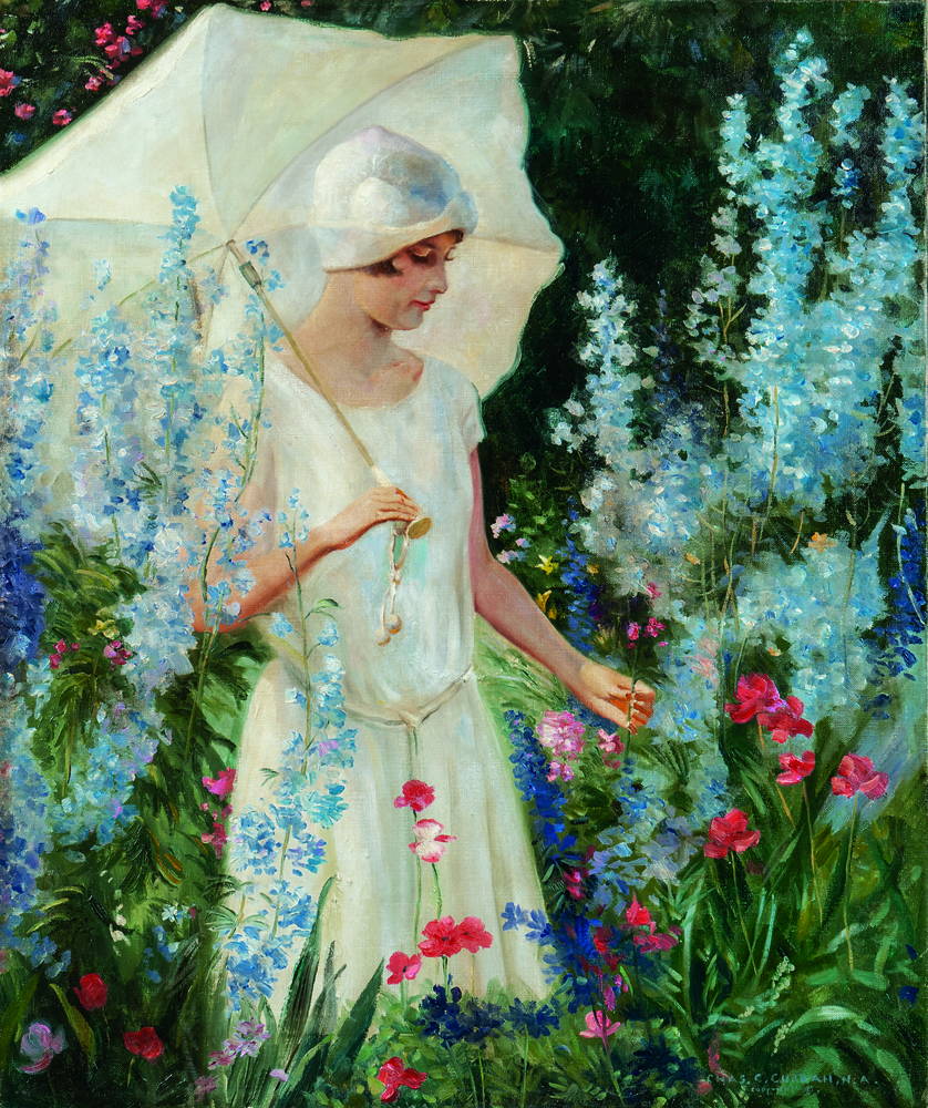 Charles Courtney Curran (American, 1861-1942) Delphiniums Blue - No. 2, oil on canvas (Estimate: $50,000-70,000)
