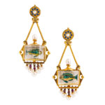 Antique Gold and Reverse-painted Crystal Aquarium Earpendants, c. 1870s (Lot 5, Estimate: $6,000-8,000)