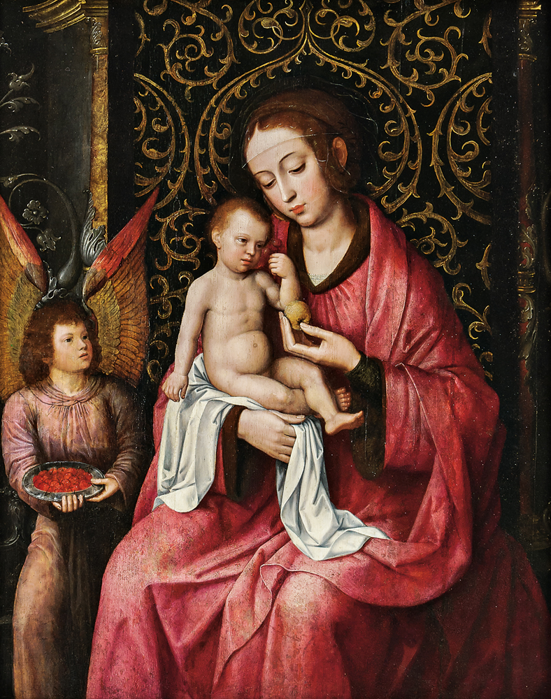 School of Ambrosius Benson (Flemish, c. 1495-1550), Virgin and Child with Angel and Bowl of Cherries (Lot 201, Estimate: $20,000-30,000)