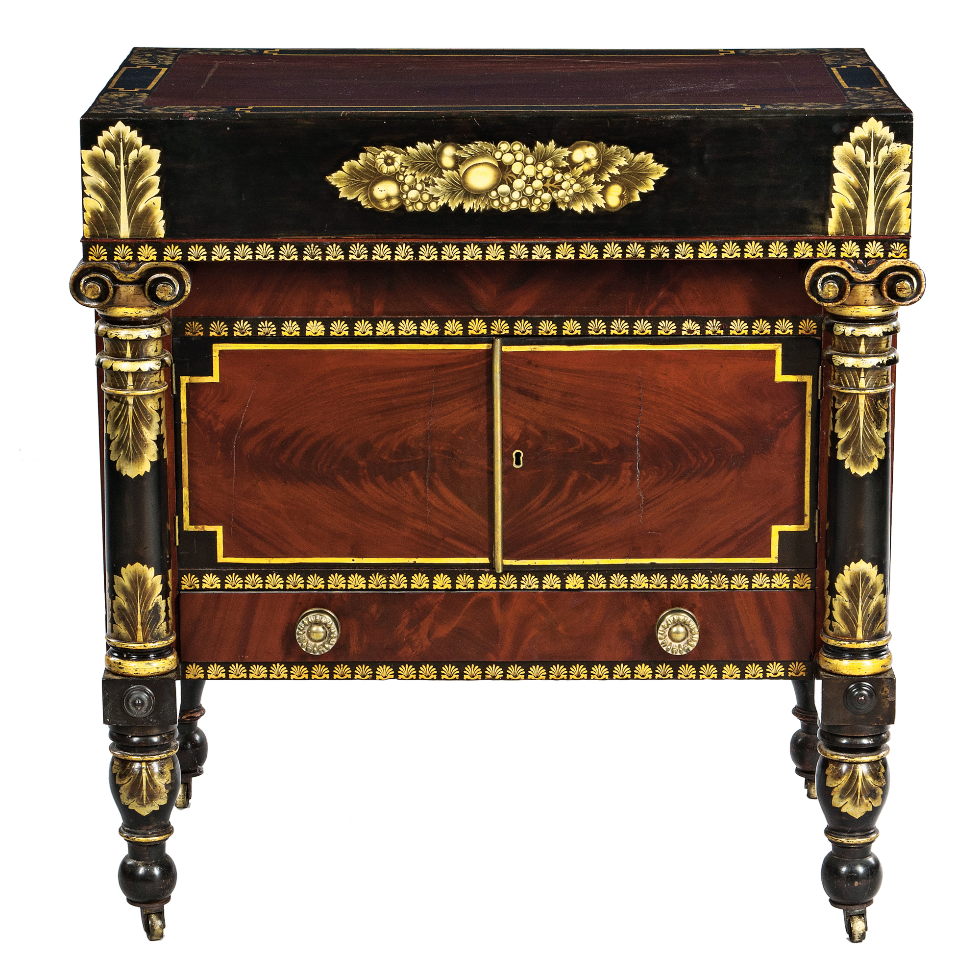 Carved Mahogany and Mahogany Veneer Ebonized and Gilt-stenciled Chamber Table (Lot 1396, Estimate: $1,500-2,500)