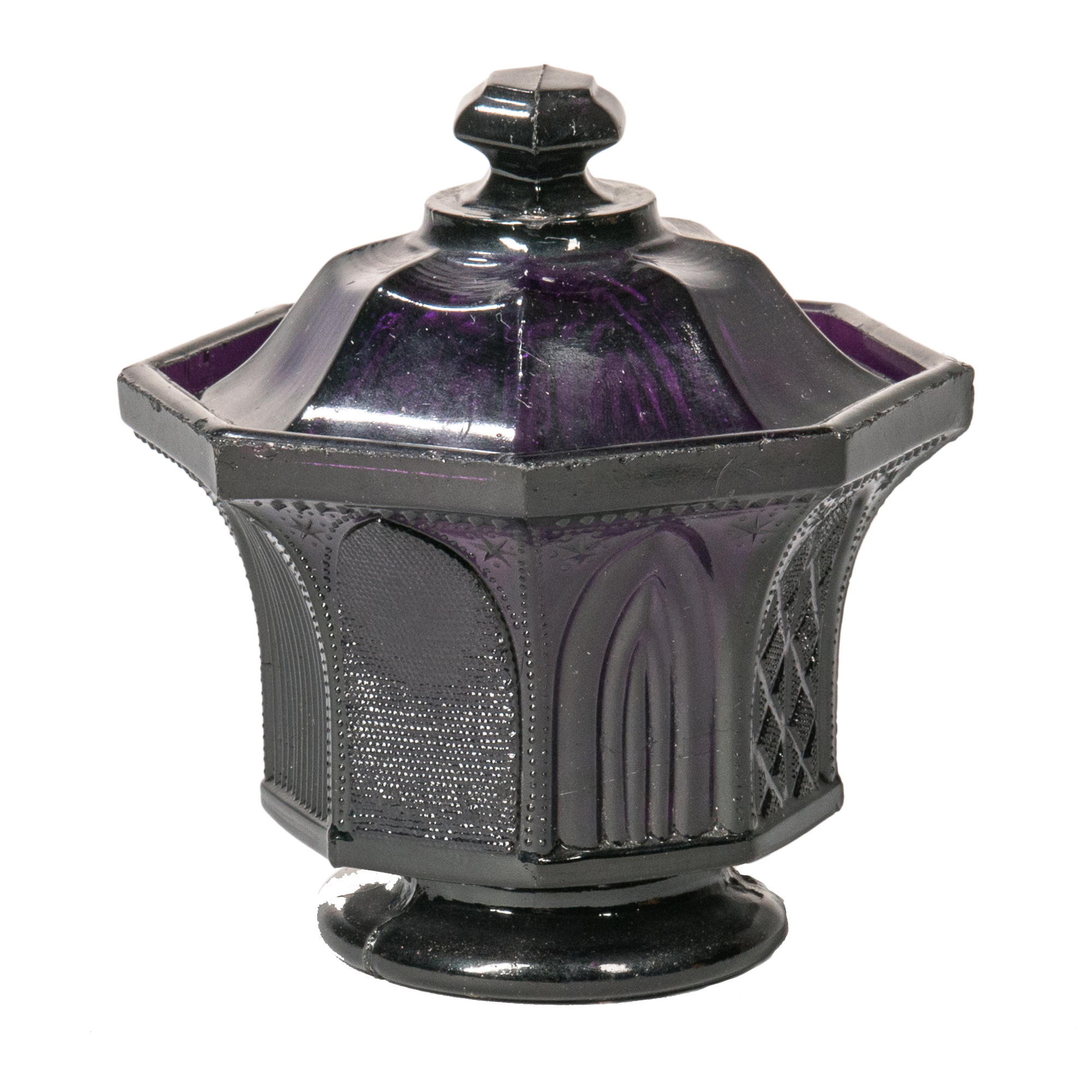 Amethyst Pressed Glass Gothic Arch Covered Sugar Bowl (Lot 1452, Estimate: $600-800)