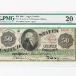 1862 $50 Legal Tender Note, Fr. 148, PMG Very Fine 20 (Lot 1289, Estimate: $15,000-25,000)