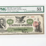 1862 $10 Legal Tender Note, Fr. 93, PMG About Uncirculated 55 (Lot 1286, Estimate: $4,000-6,000)