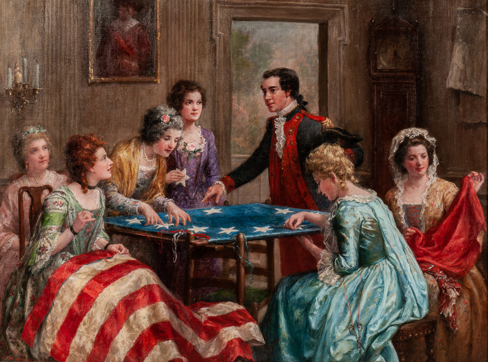 Jennie Augusta Brownscombe (American, 1850-1936), Sewing the Flag (Lot 418, Estimate: $10,000-15,000)