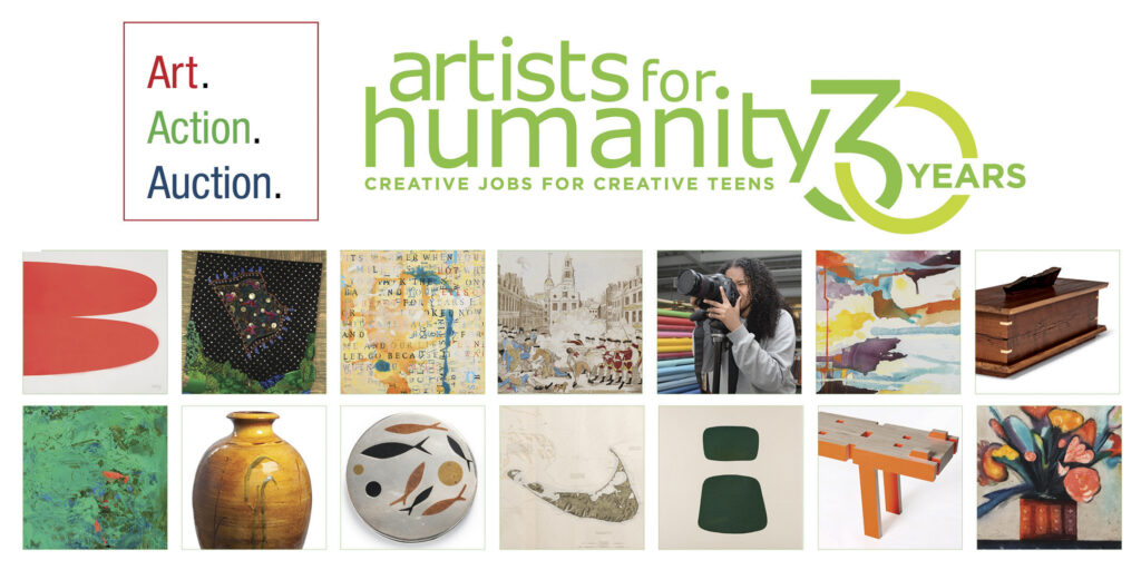 Artists For Humanity logo and tiles of auction lots