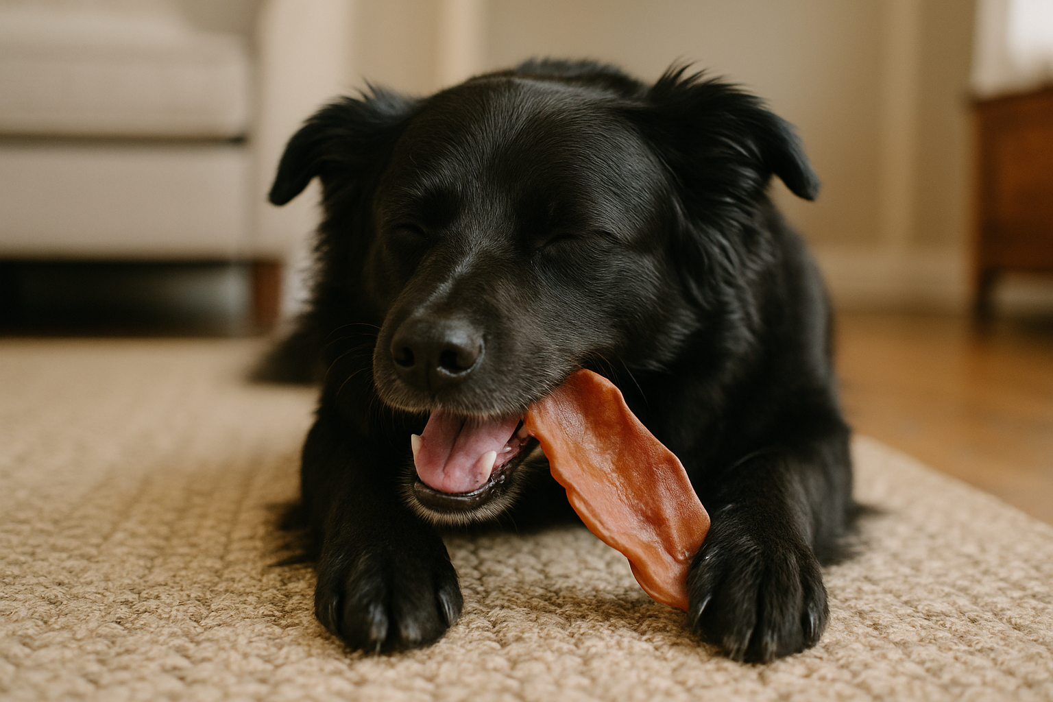Black medium-sized dog lying on a rug, happily chewing a pig ear treat indoors.