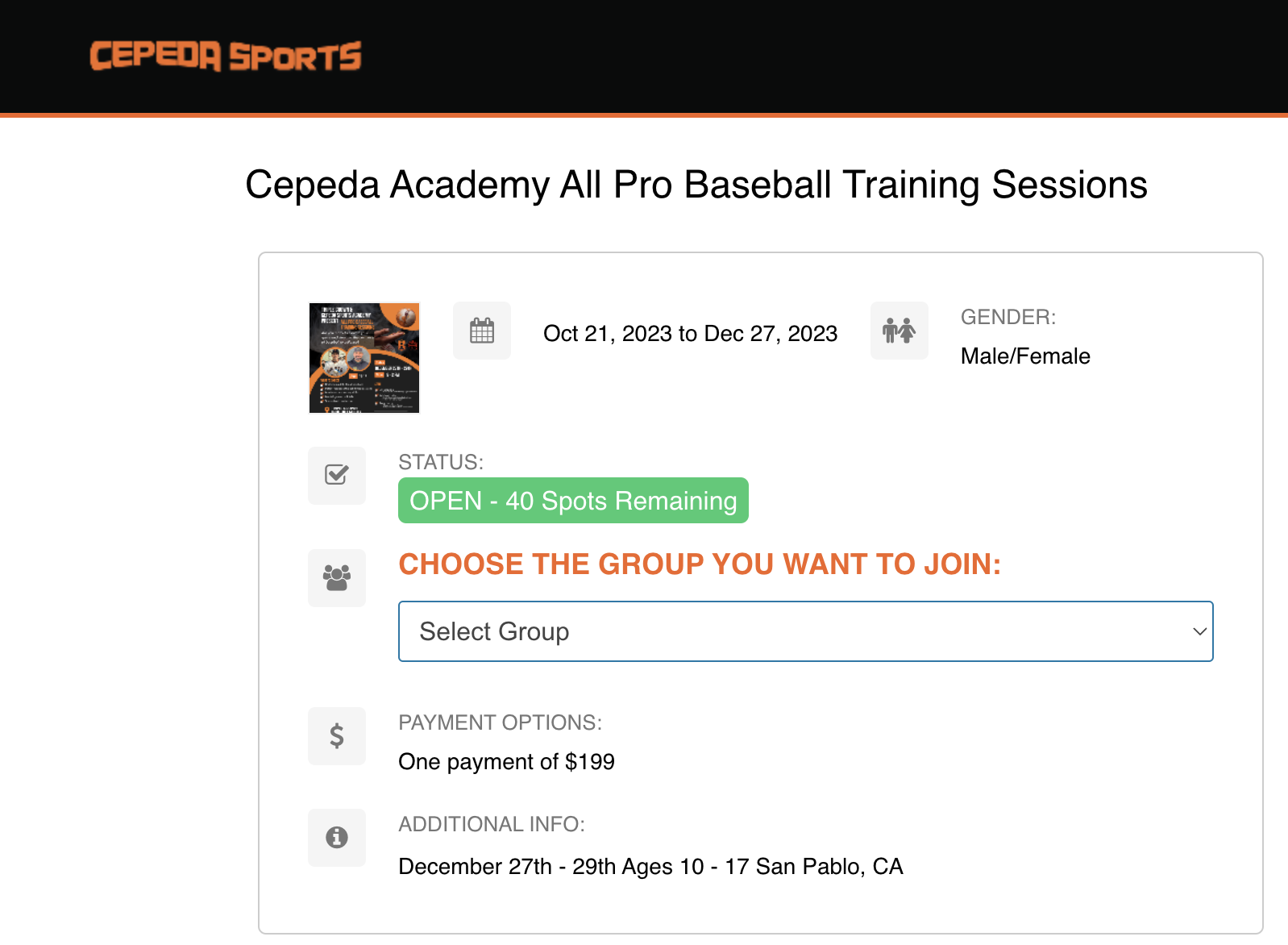 Registration Form on Cepeda Sports website