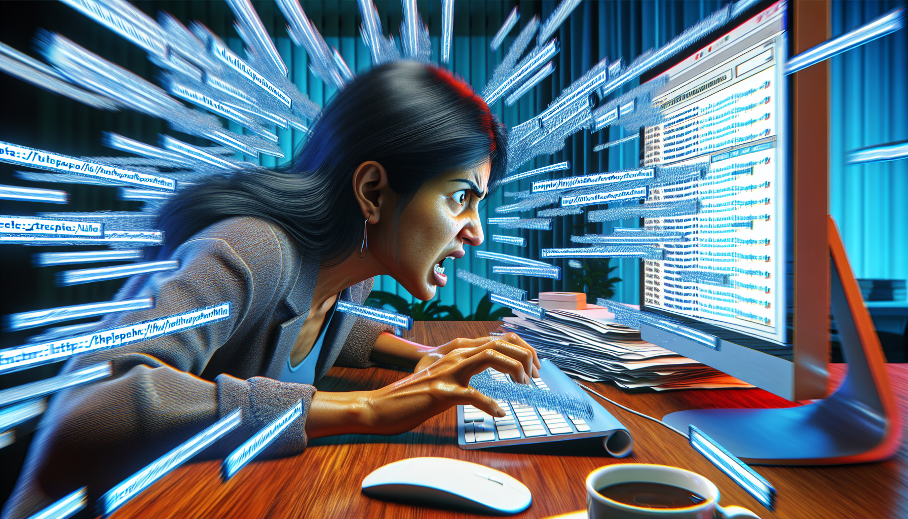 stressed marketer trying to set up tracking on a computer with url strings jumping out of the screen