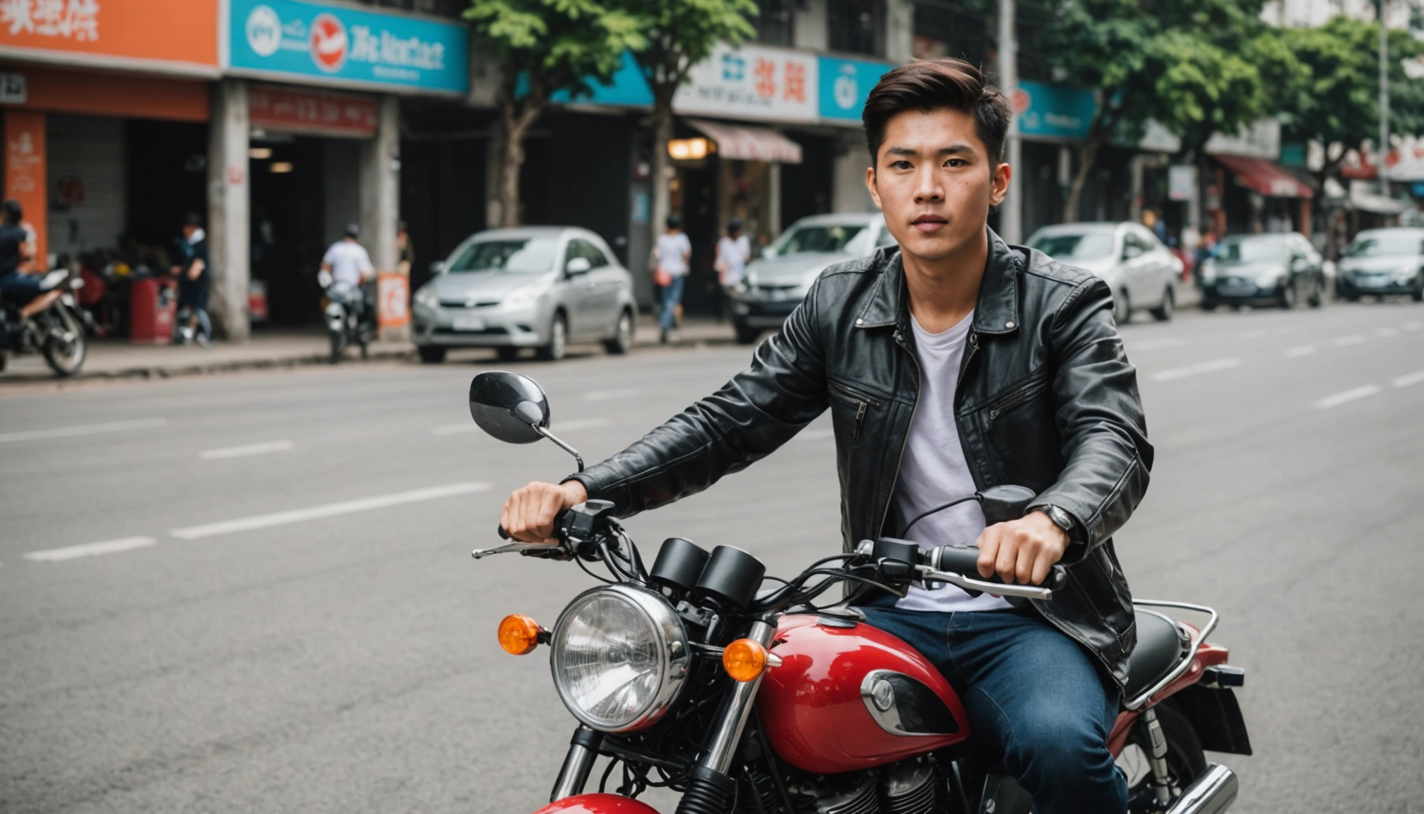 Photo of young Asian man driving motorbike
