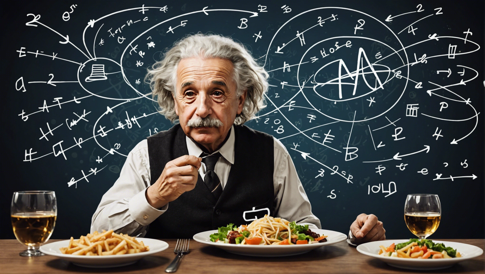albert einstein enjoying a meal with equations floating in the air around and behind his head