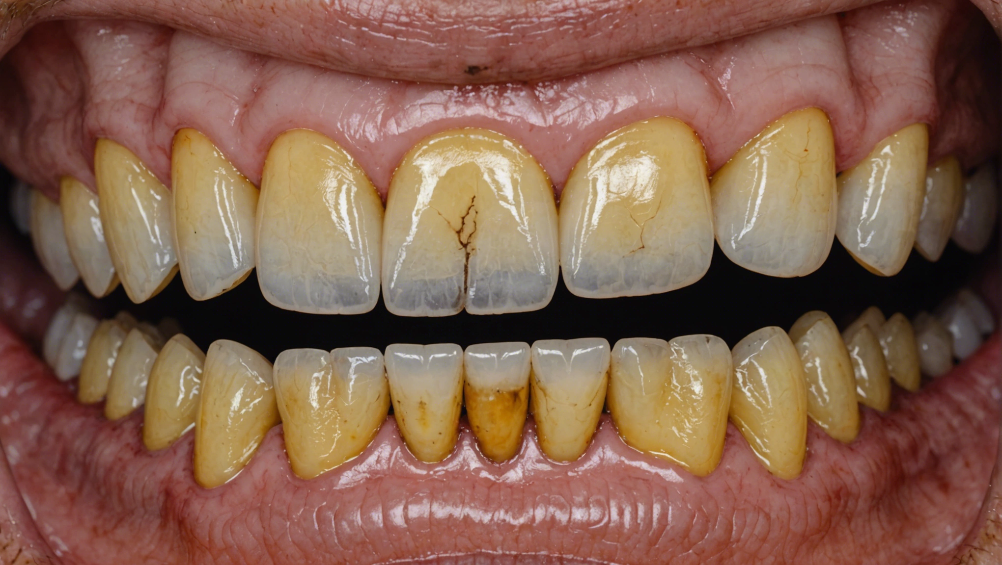 Close-up of yellowed teeth affected by smoking, showing significant staining and discoloration.