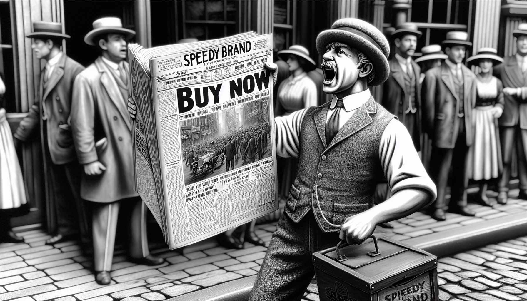 Old timey Newspaper salesman selling Speedy Brand with call to action button of "Buy now" on the newspaper