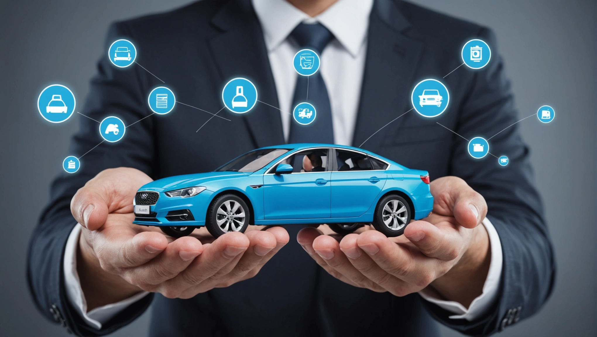 Car insurance and warranty concept, Businessman hold car models with insurance and car warranty icons on virtual screens financial and service insurance online technology