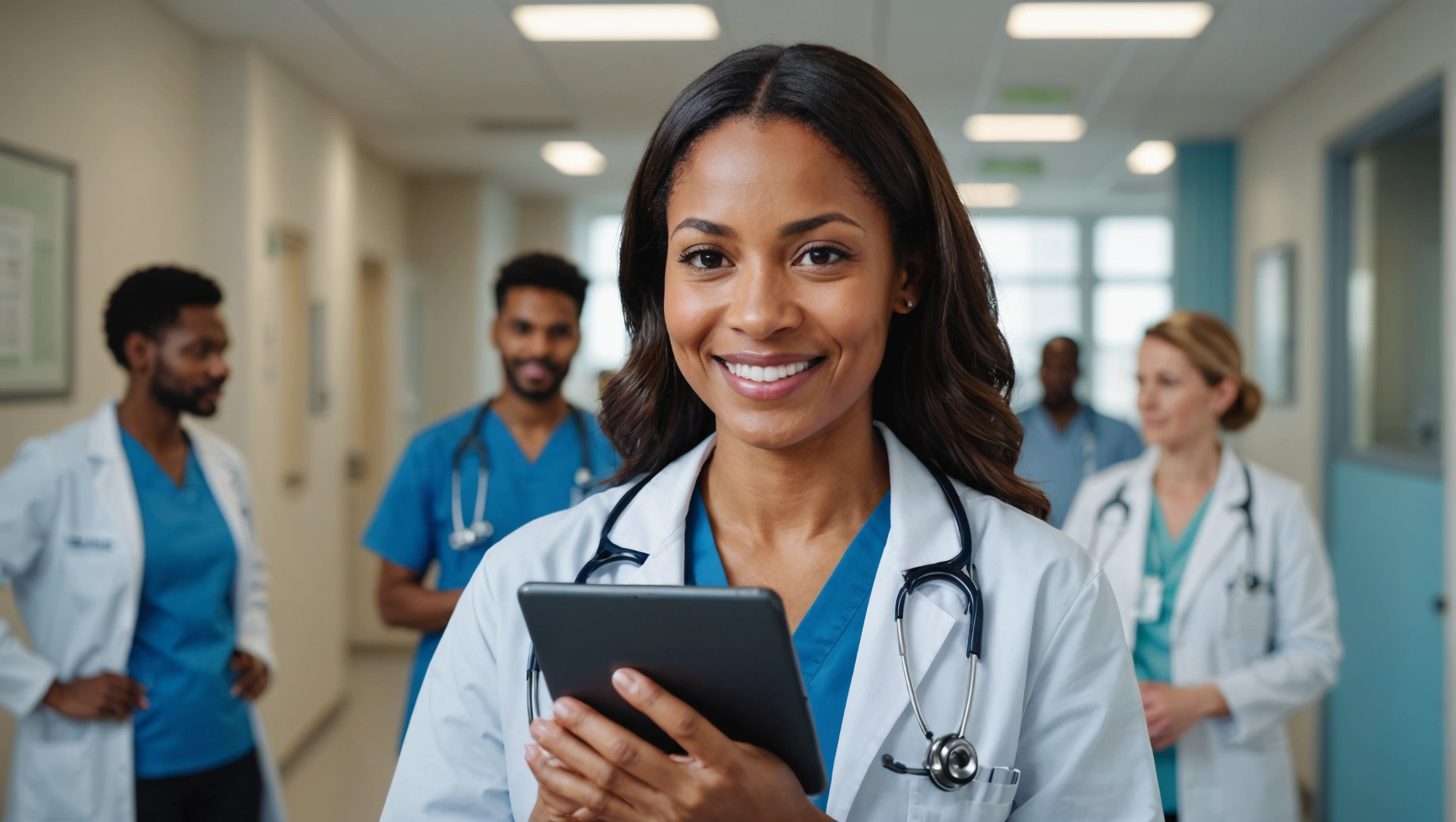 Happy woman or doctor face in busy hospital with tablet for healthcare services, leadership and career mindset. Portrait of medical professional or female on telehealth app for clinic job management