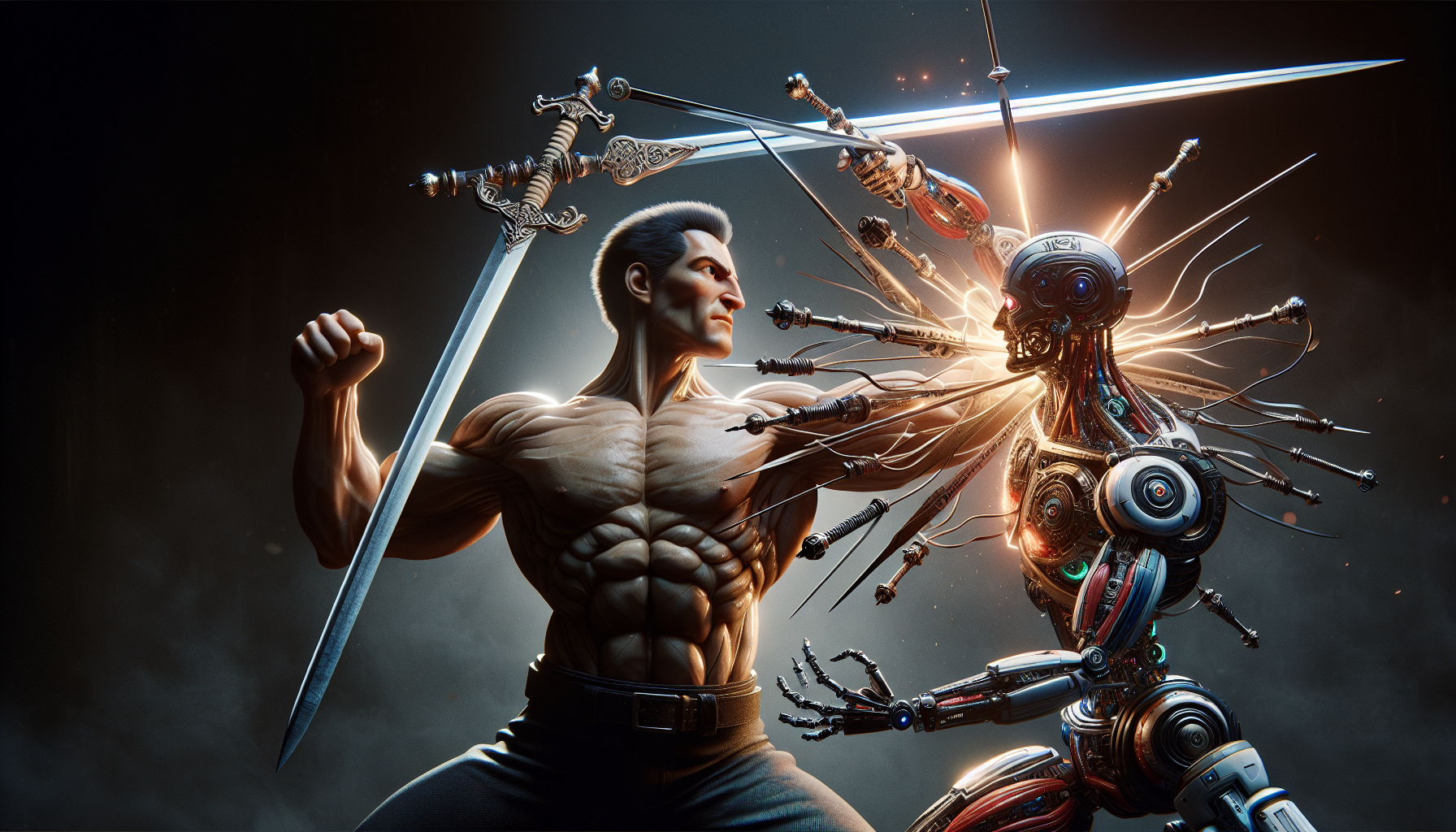 strong human with double bladed sword battling an efficient nerdy robot with lance