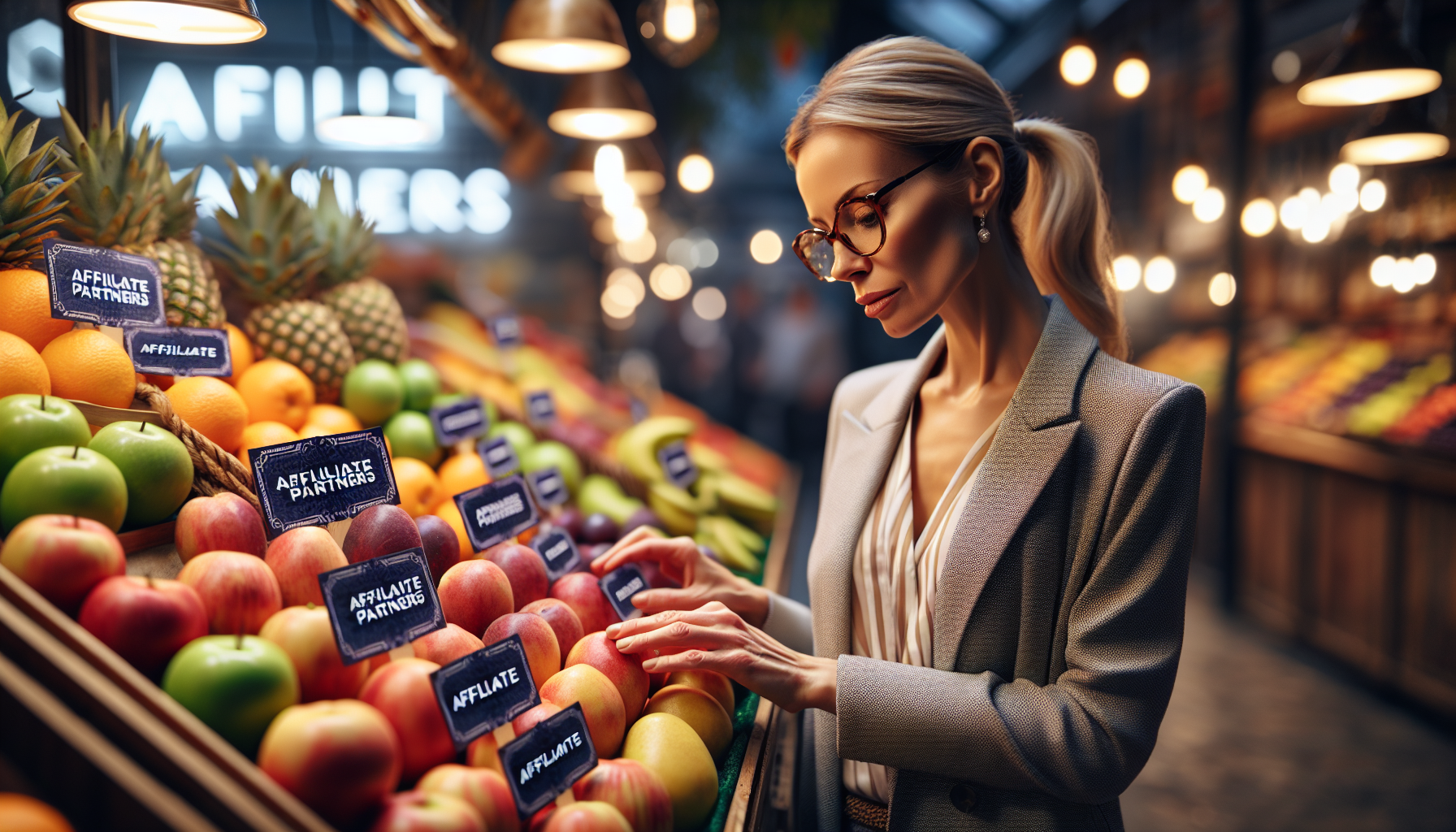 a partner manager hand-selecting fruit that is labeled affiliate partners