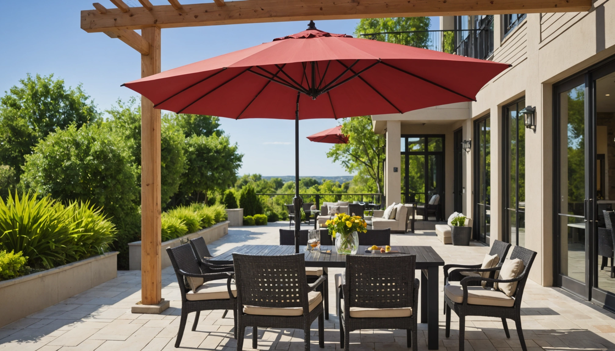 hauser patio umbrellas Fiberglass 9' Octagon Auto-Tilt Market Umbrella it not only adds a touch of elegance to your outdoor space but also provides efficient air circulation through its wind vent Create a Stylish and Shaded
