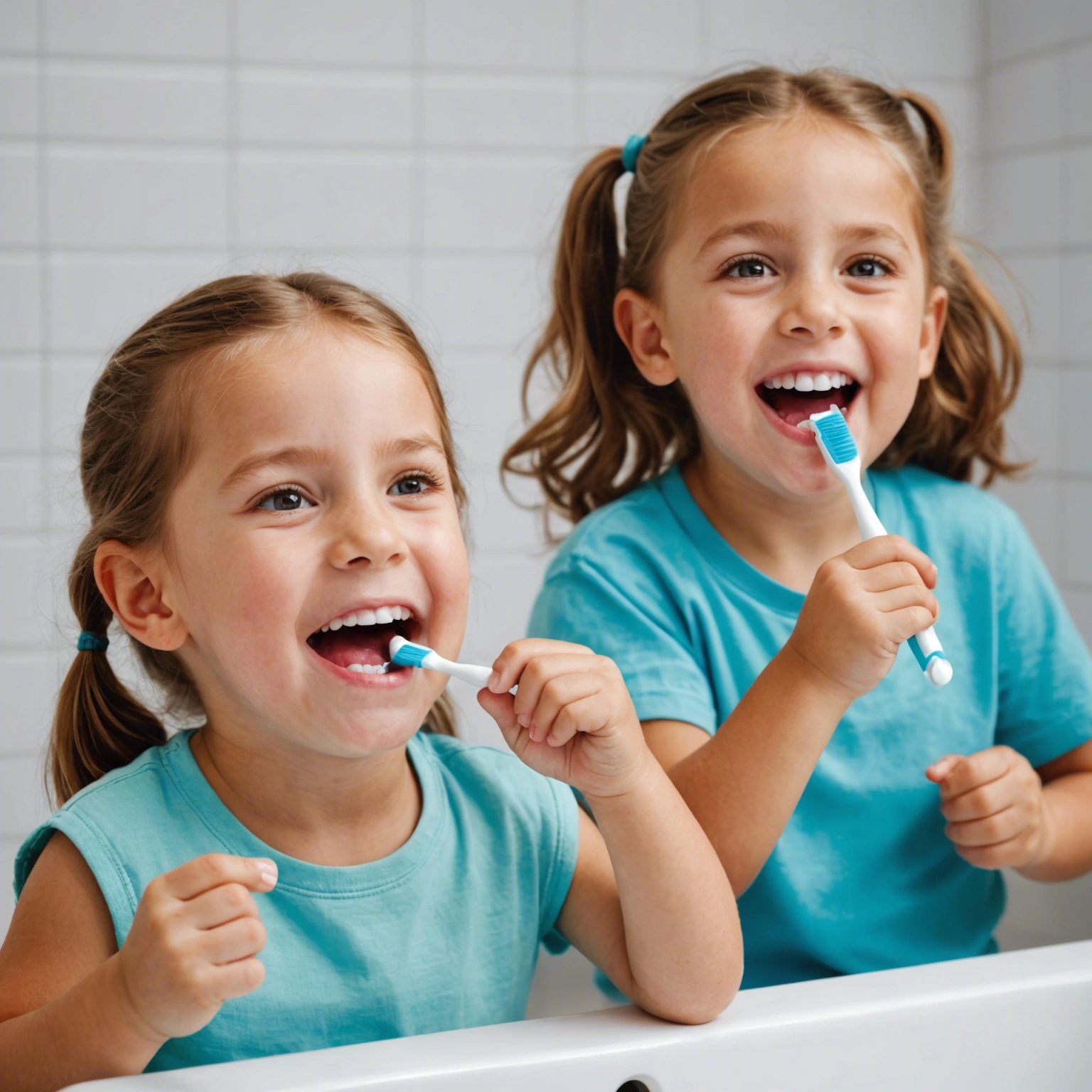 Kids having fun brushing their teeth photo realistic