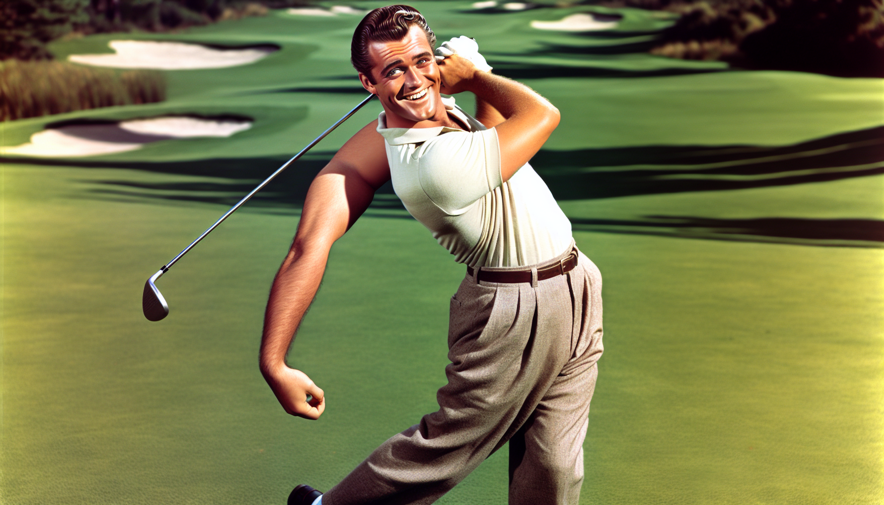 happy golfer on a golf course swinging with third arm coming out of his butt and looks like shooter mcgavin from Happy Gilmore movie