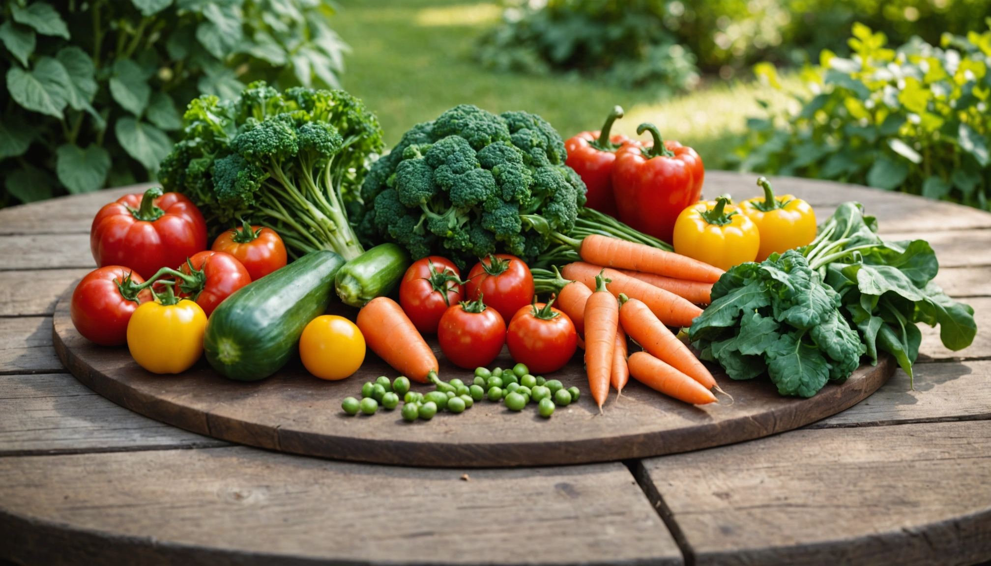 A photo of a rustic wooden table with an assortment of the top 7 garden vegetables arranged attractively. The vegetables include tomatoes, carrots, spinach, broccoli, bell peppers, peas, and kale. The background is a softly blurred garden scene with sunlight filtering through the leaves. The vegetables are arranged in a semi-circle or a staggered layout, with a slight focus on the most visually appealing vegetable. The color scheme is rich, natural colors with a focus on the deep greens, bright reds, and warm oranges of the vegetables. The earthy tones of the wooden table and the green garden background. There is a text overlay at the bottom or top of the image stating 'Top 7 Garden Vegetables for a Healthy Diet'.