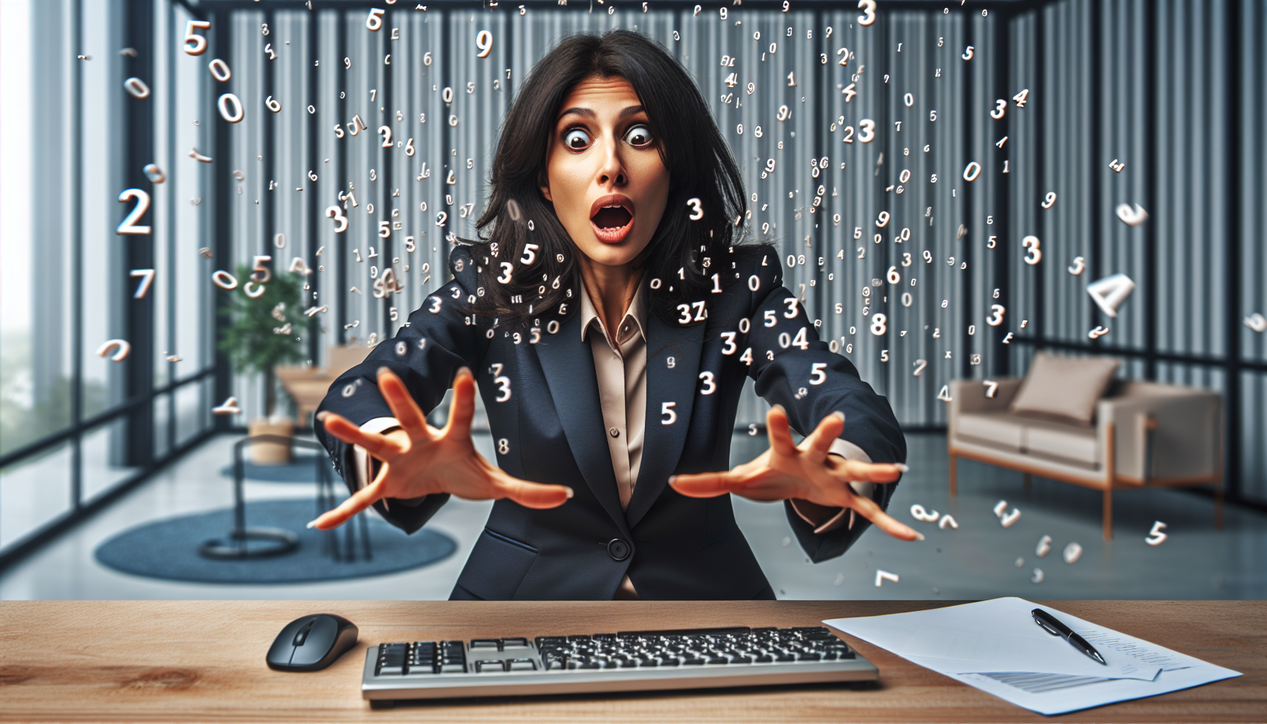 frantic business woman grasping at numbers floating out of a computer