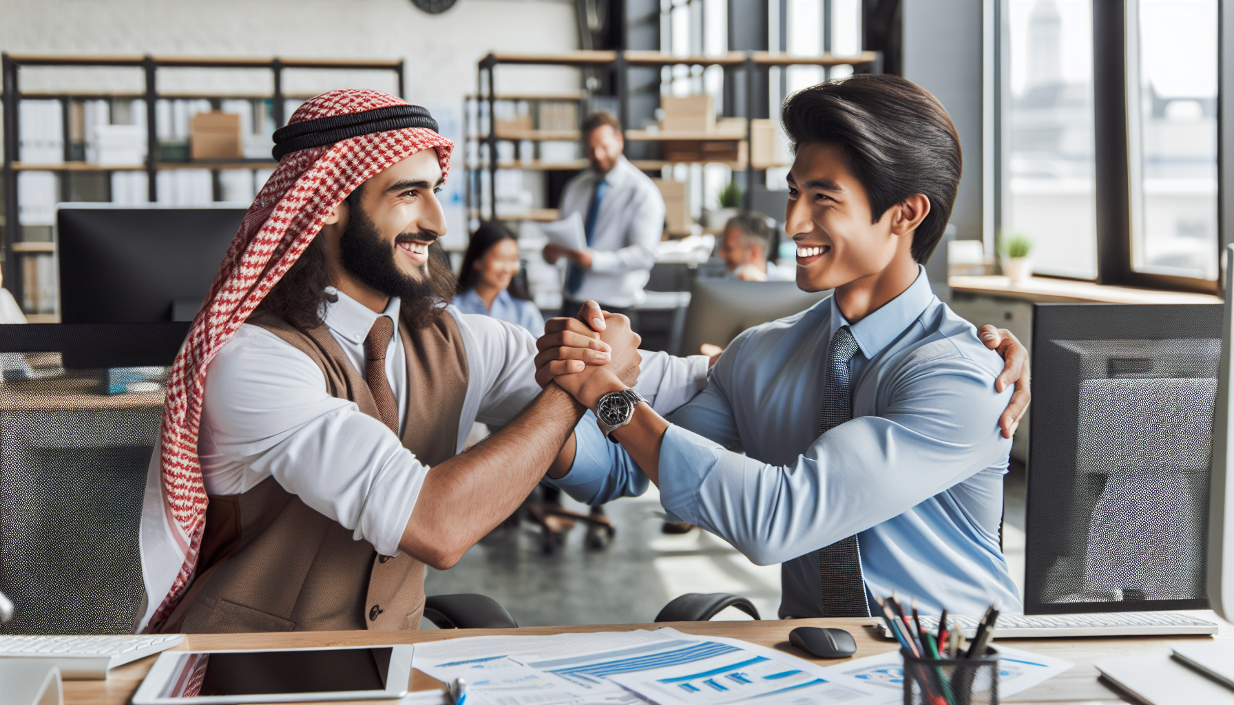 partnership and friendship of two guys in an office embracing in a roman forearm handshake