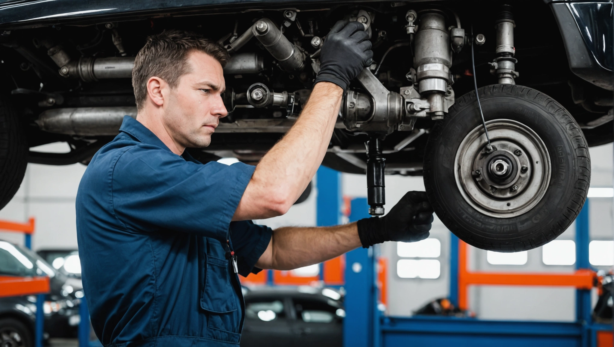 mechanic checking car suspension