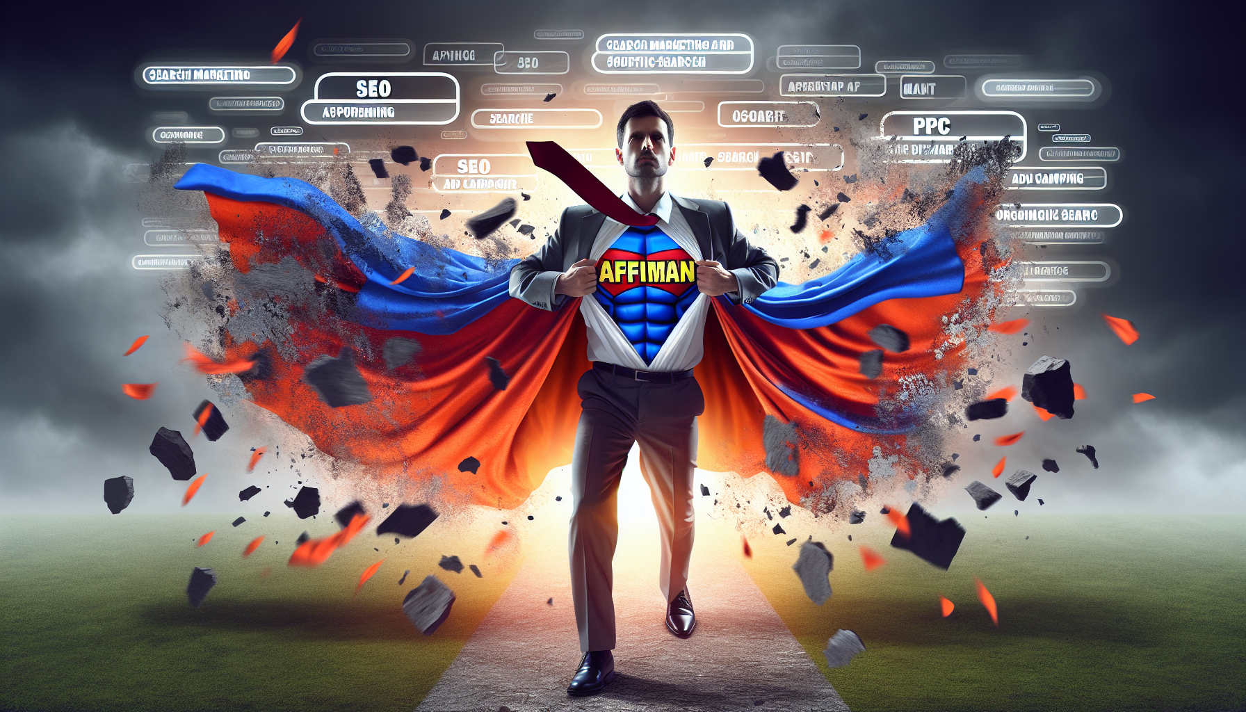 affiliate marketing consultant superhero "Affiman" breaking out of business suit to reveal costume in a search marketing landscape